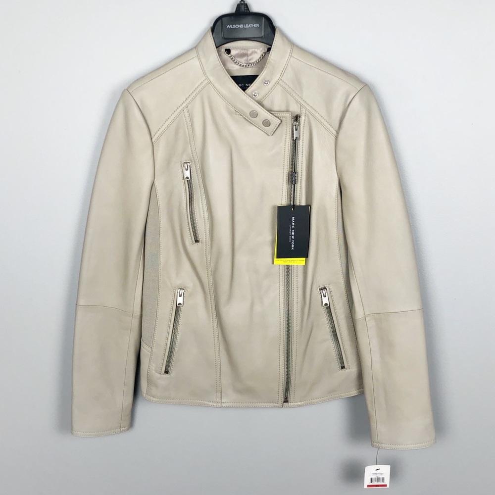 Andrew Marc Light Grey Genuine Leather Moto Jacket